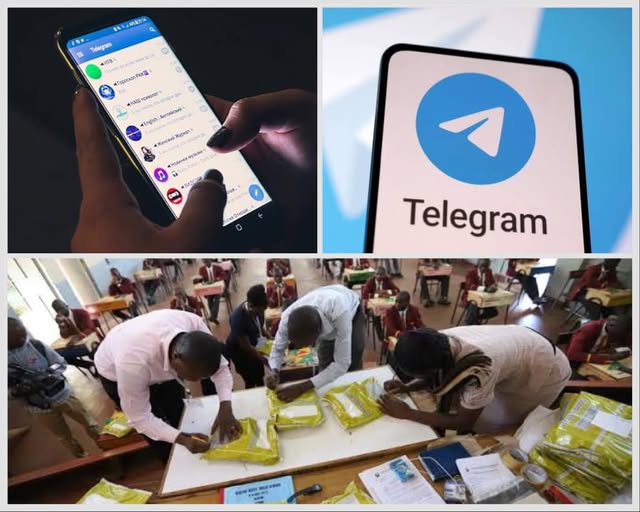 A collage photo of invigilators issuing KCSE exam to candidates, Telegram and a user interacting with the app