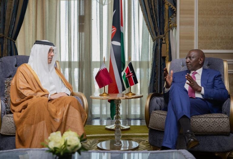 President William Ruto with Qatar Labour Minister Ali bin Saeed bin Samikh Al Marri during a meeting in Doha on November 5, 2025